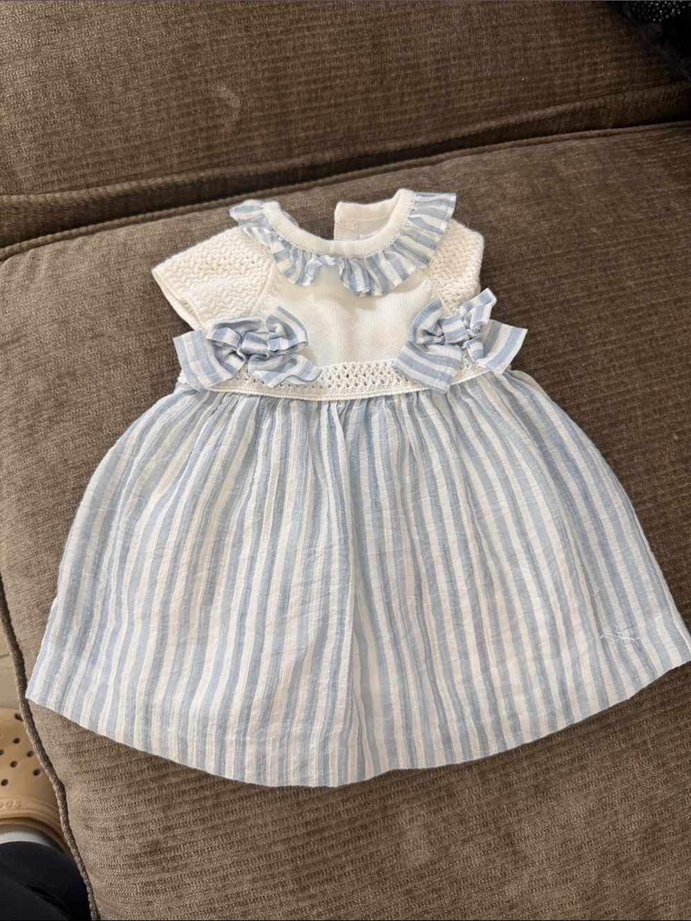 White and Light Blue Striped Baby Girl Dress with Ruffle Collar